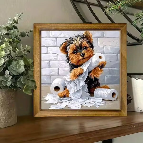2D Flat Wooden Signboards, A Cute Yorkshire Terrier Puppy, Carrying Toilet Paper, Suitable For Kitchens, Bathrooms, Living Rooms, Entrances - Farmhouse-Style Holiday Home Decoration.